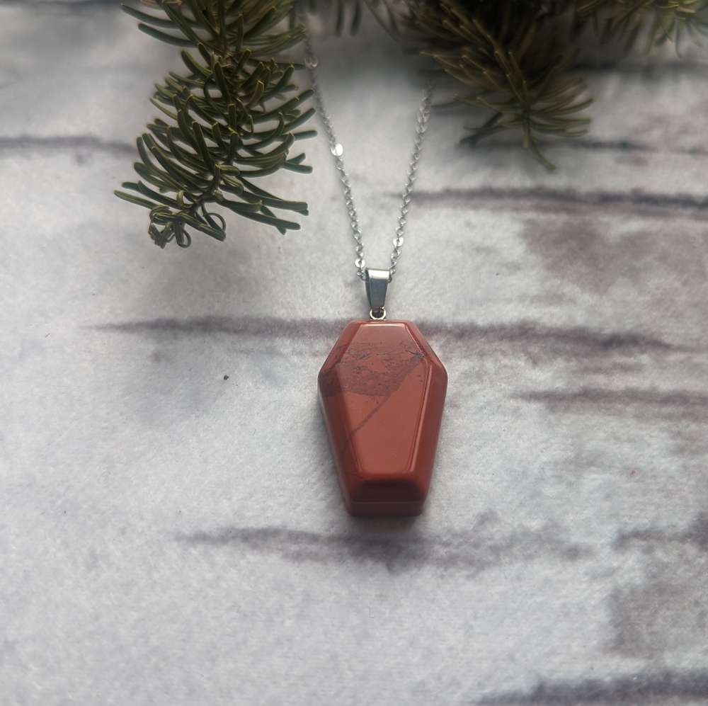 Red Jasper Coffin Stone Necklace with Stainless steel chain
